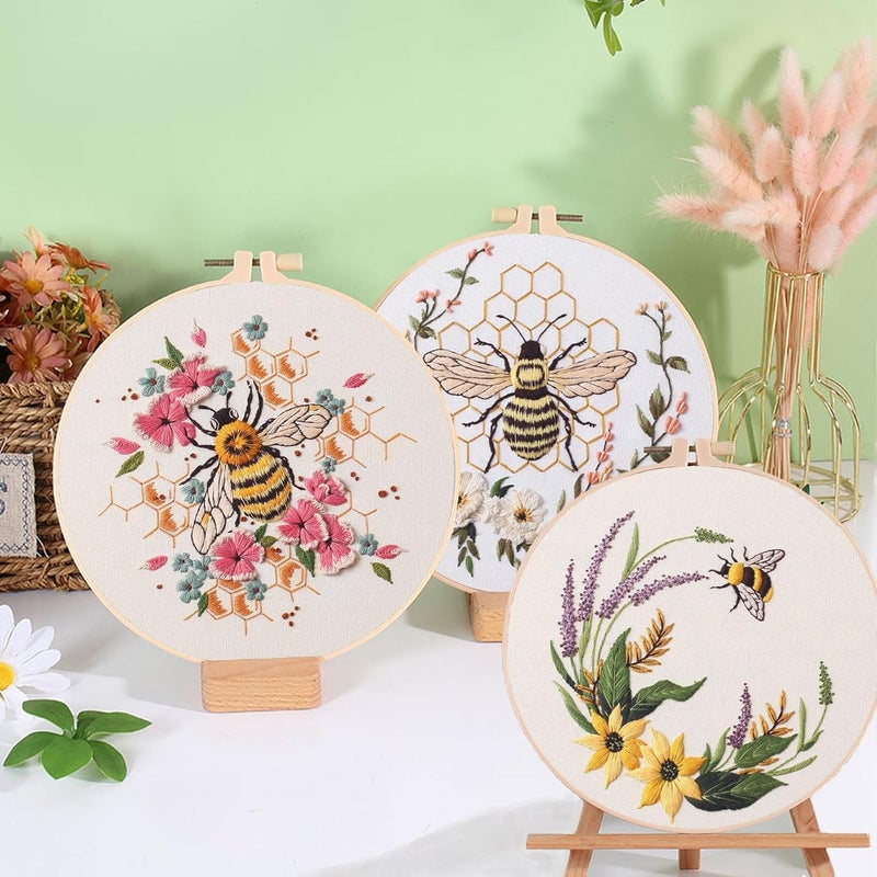 Ohcol 4 Pack Embroidery Kit for Beginners,Needlepoint Cross Stitch Kits for Adults,Needle Point Sets with Bee Flower Pattern - Image 2